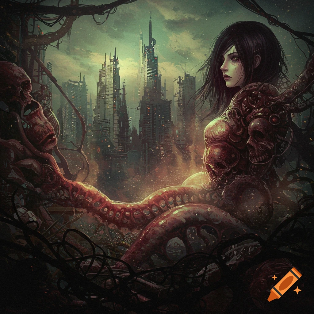 A grotesque bio-mechanical figure with skulls integrated into its body, seated among organic tentacles in front of a dark, dilapidated industrial city skyline in a surreal style.