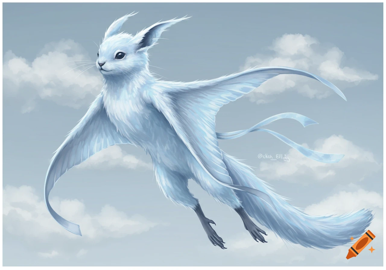 A white, fluffy fantasy creature with wings flies in a cloudy blue sky.