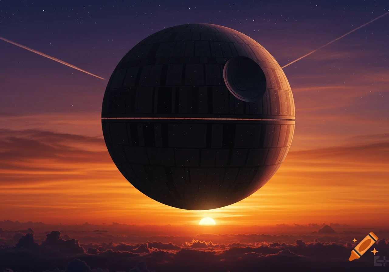 A spherical space station resembling the Death Star floats above clouds during a dramatic sunset.
