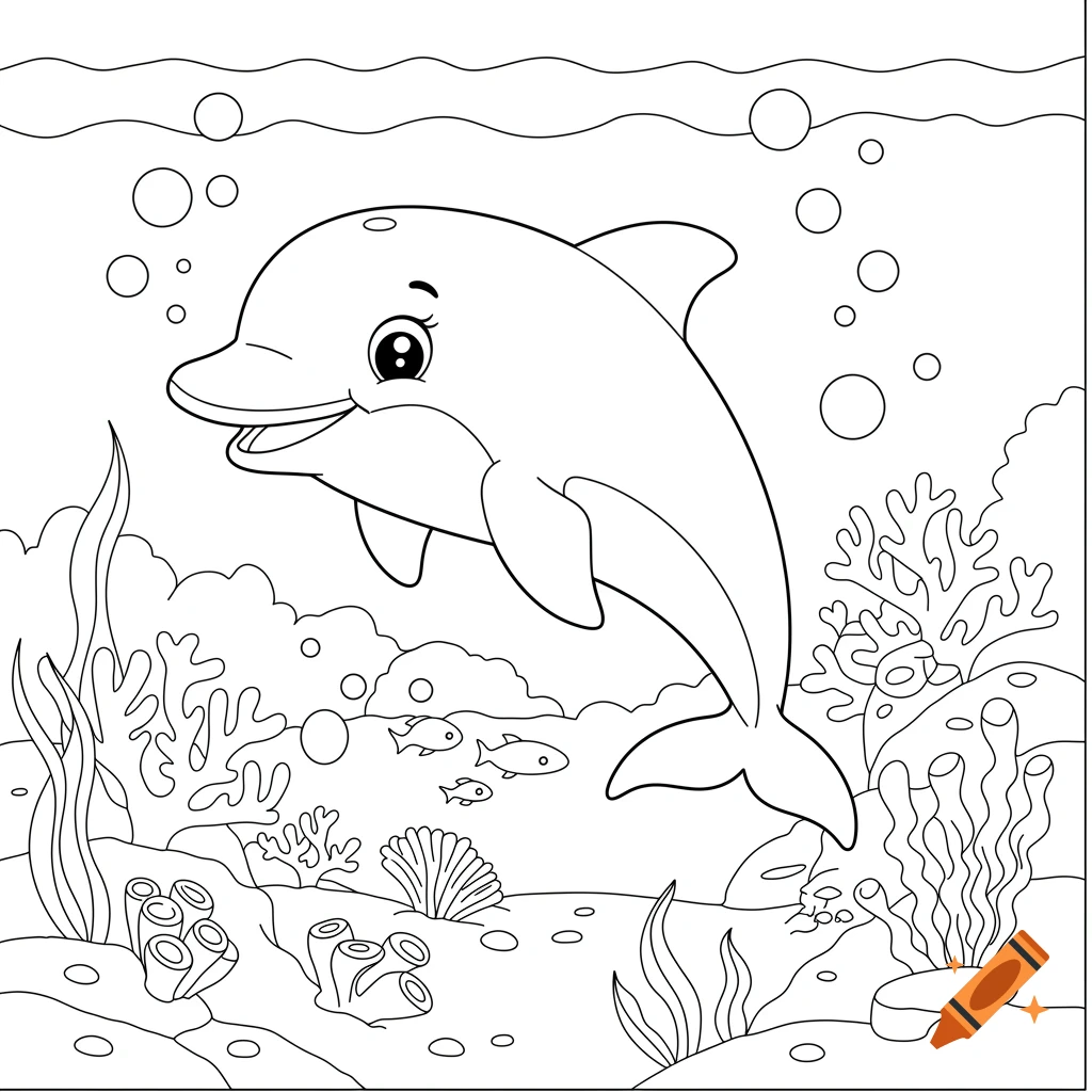 Cute dolphin swimming underwater coloring page