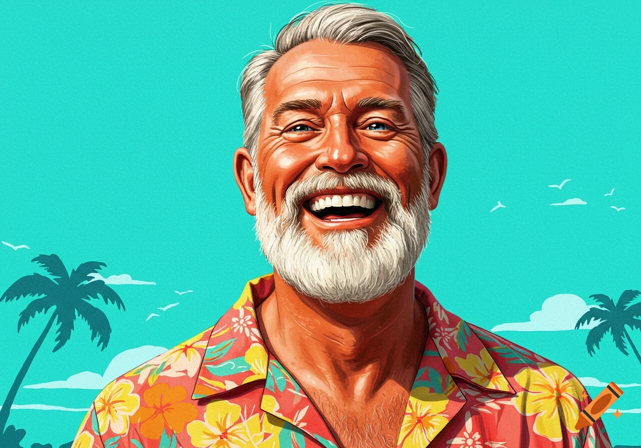Illustration of a happy white man with a white beard wearing a tropical floral shirt on a beach