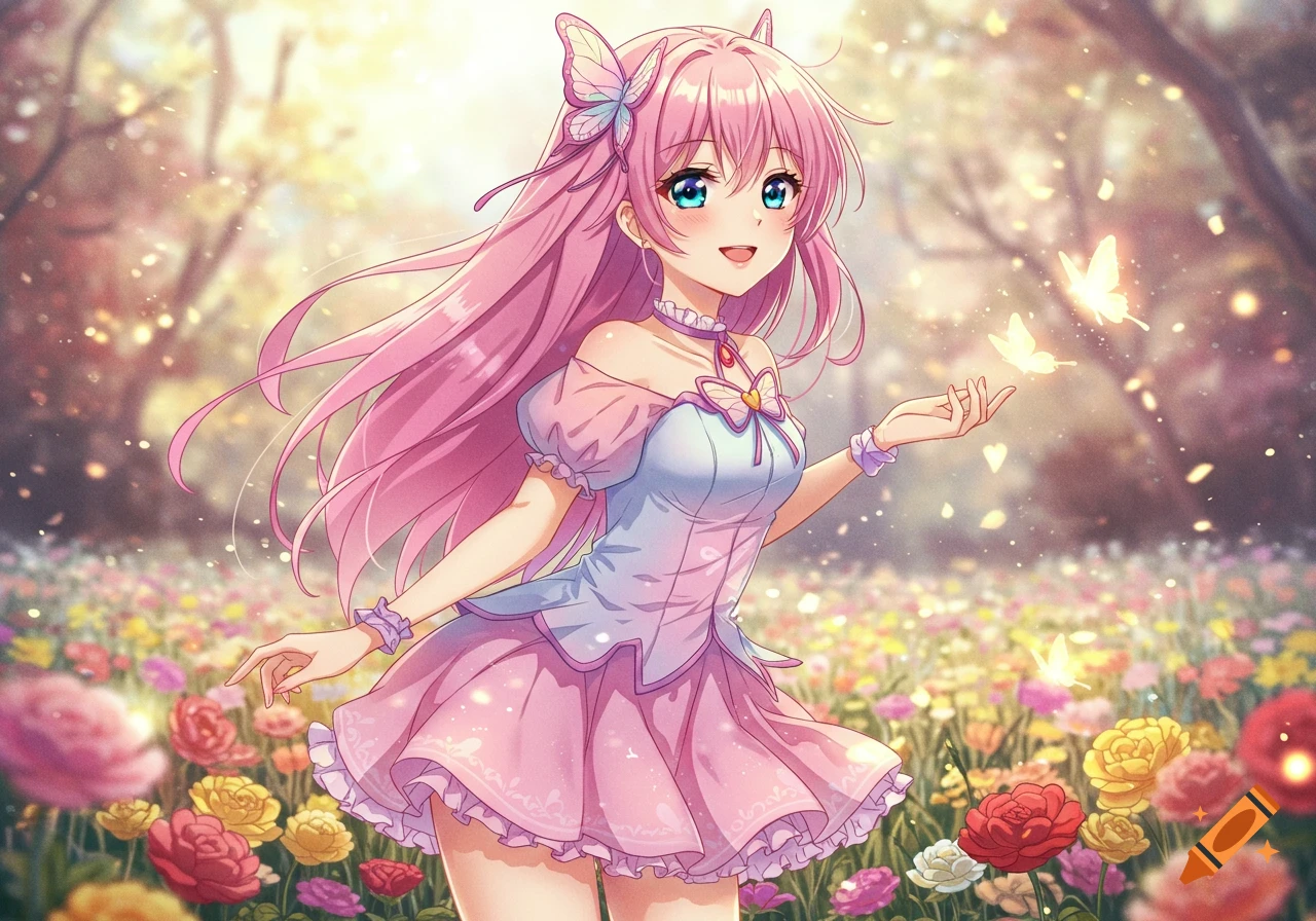 Anime Girl With Pink Hair And Butterflies In A Flower Field On Craiyon anime-girl-with-pink-hair-and-butterflies-in-a-flower-field-on-craiyon