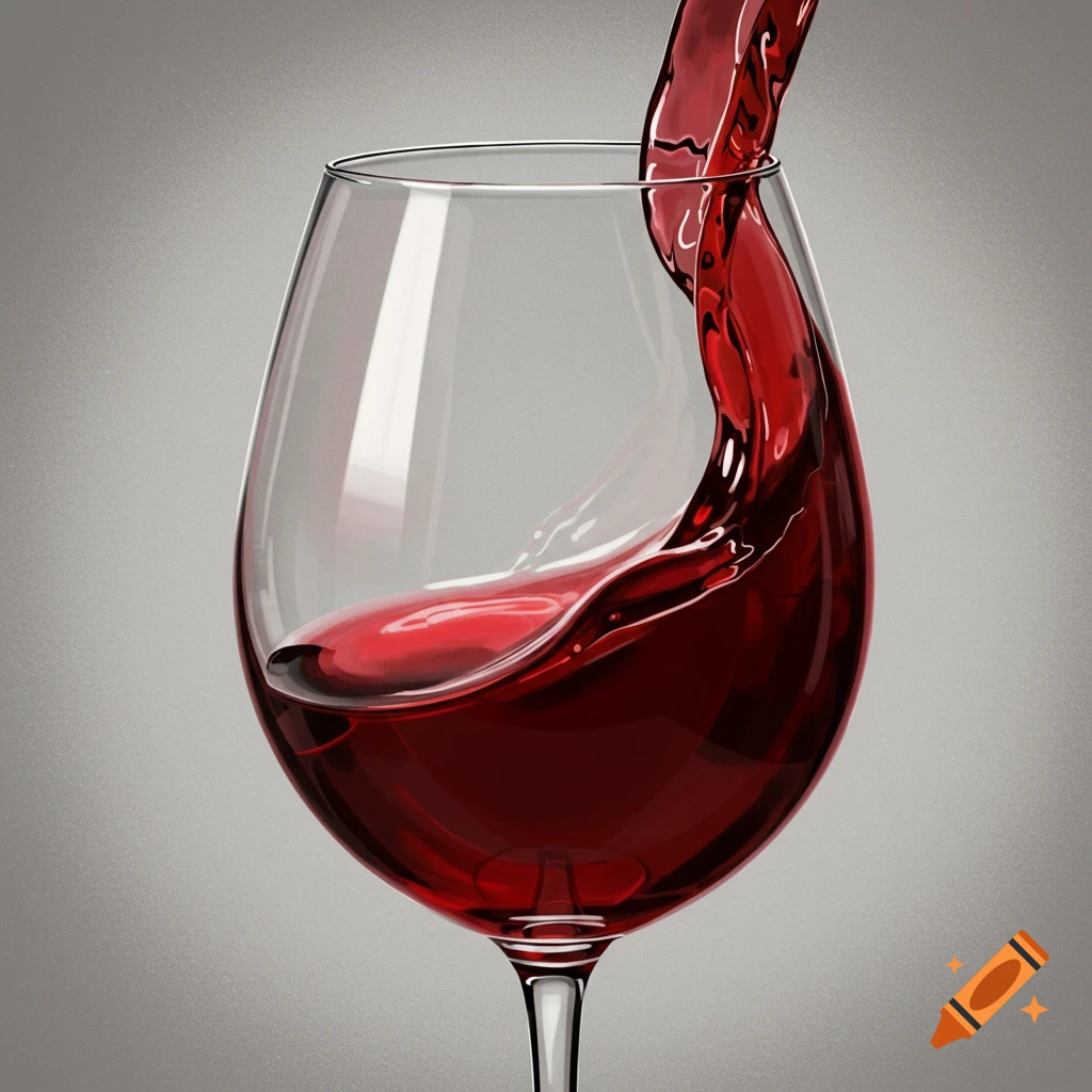 Red wine being poured into a clear wine glass, creating a splash.