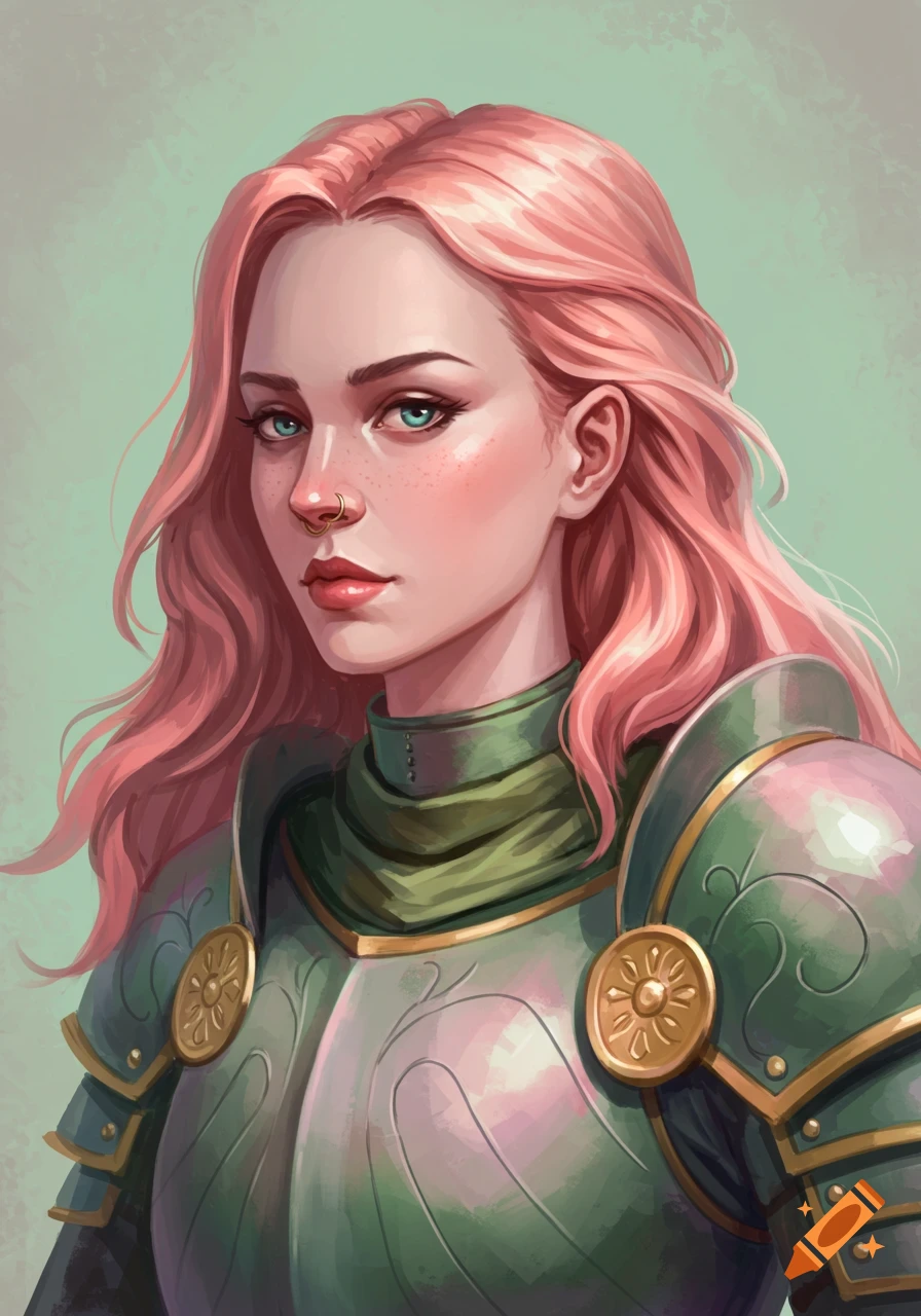 Portrait of a female warrior with pink hair and green armor, digital ...