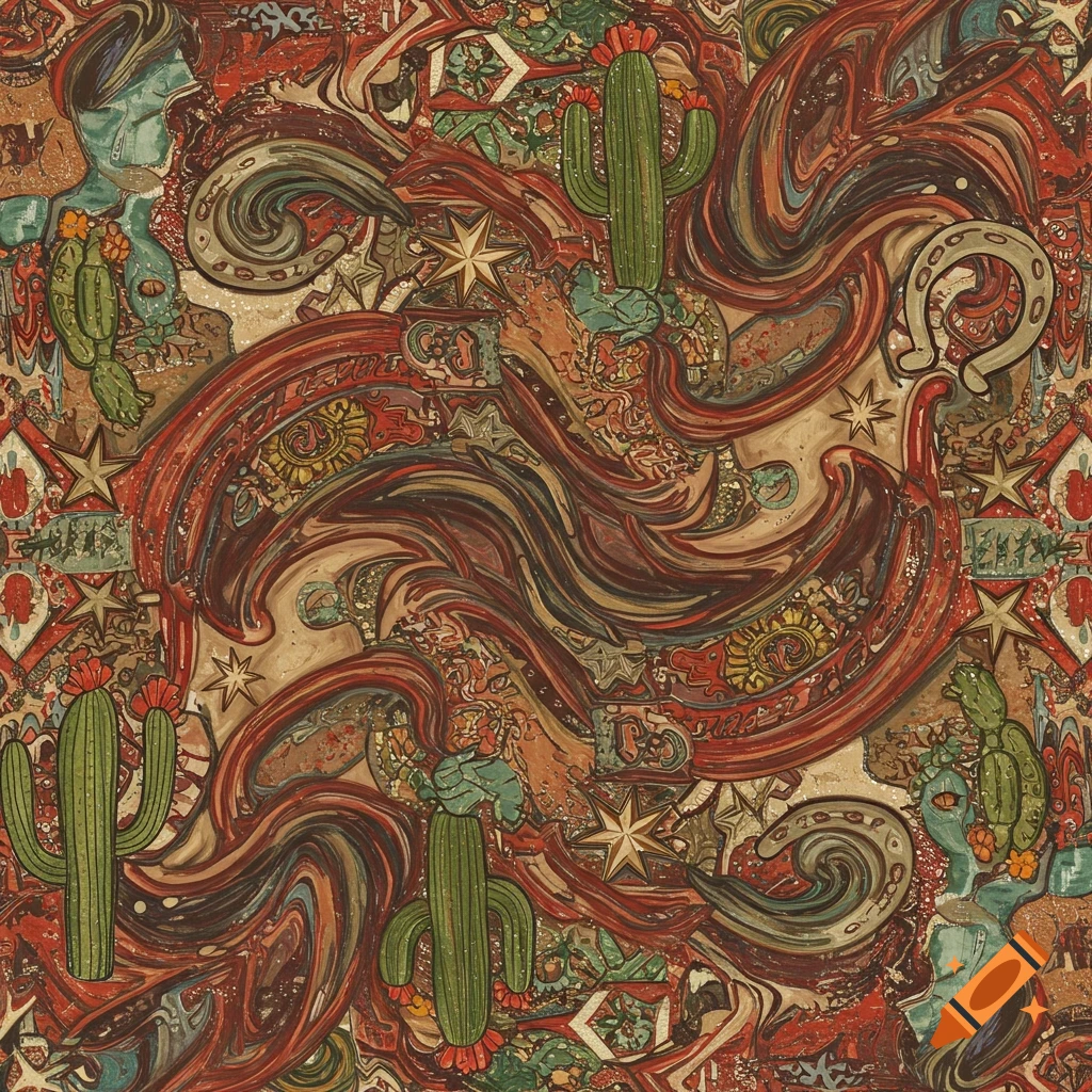 Abstract Western pattern with cacti, stars, and swirling lines in warm colors.