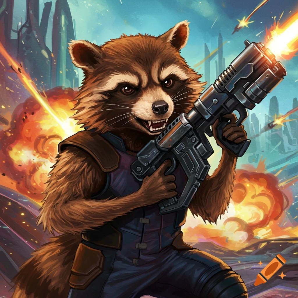 Rocket Raccoon holds a large gun during a battle
