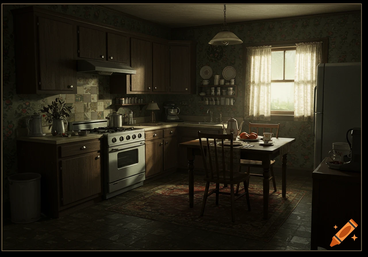 Dark, rustic kitchen interior with a table and window.