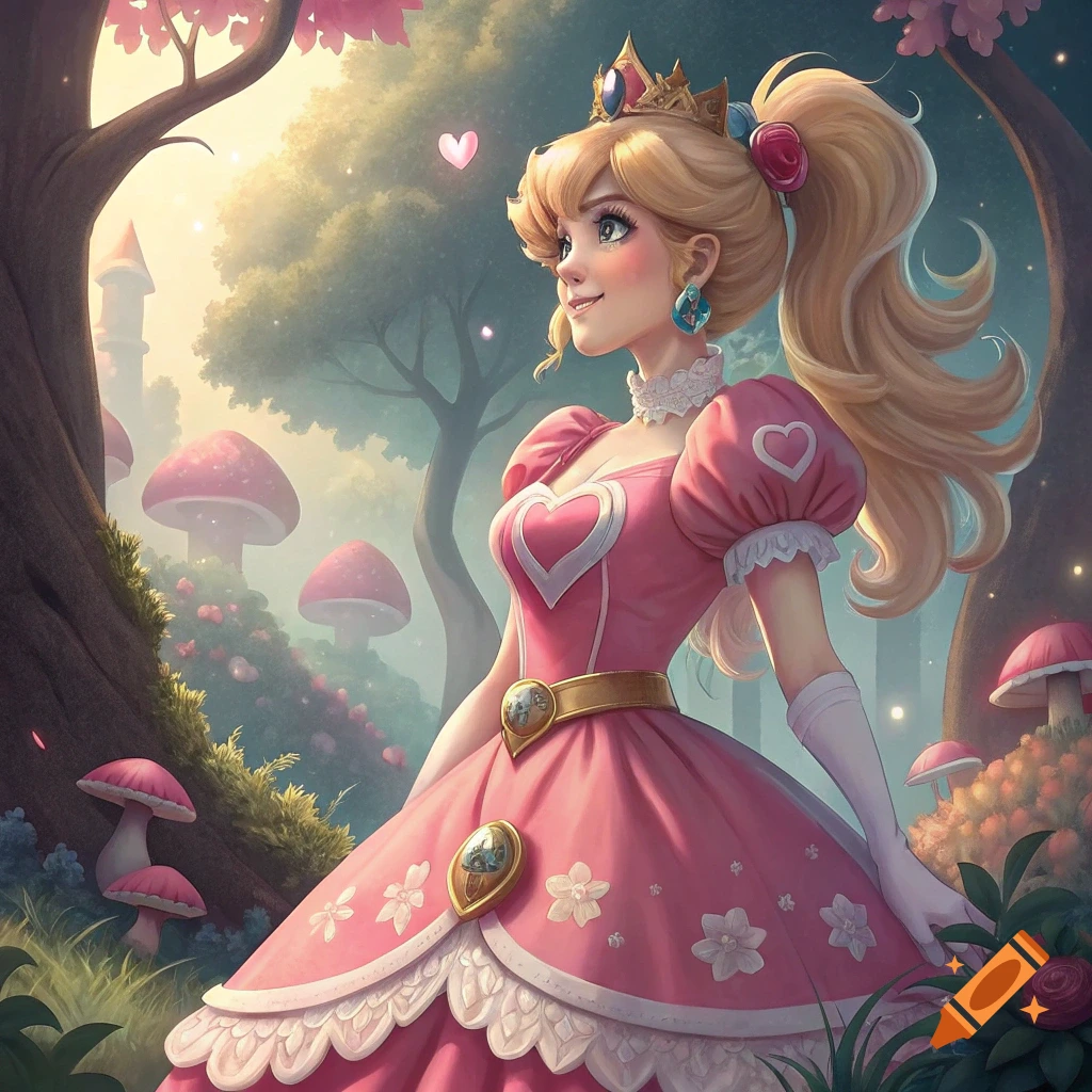 A princess in a pink dress and crown stands in a magical forest with giant mushrooms.