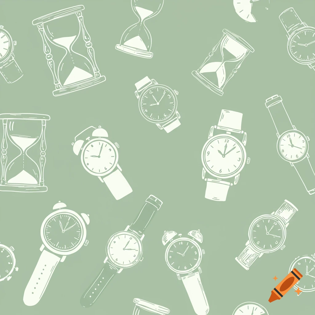 Sketched pattern of watches and hourglasses on a sage green background.