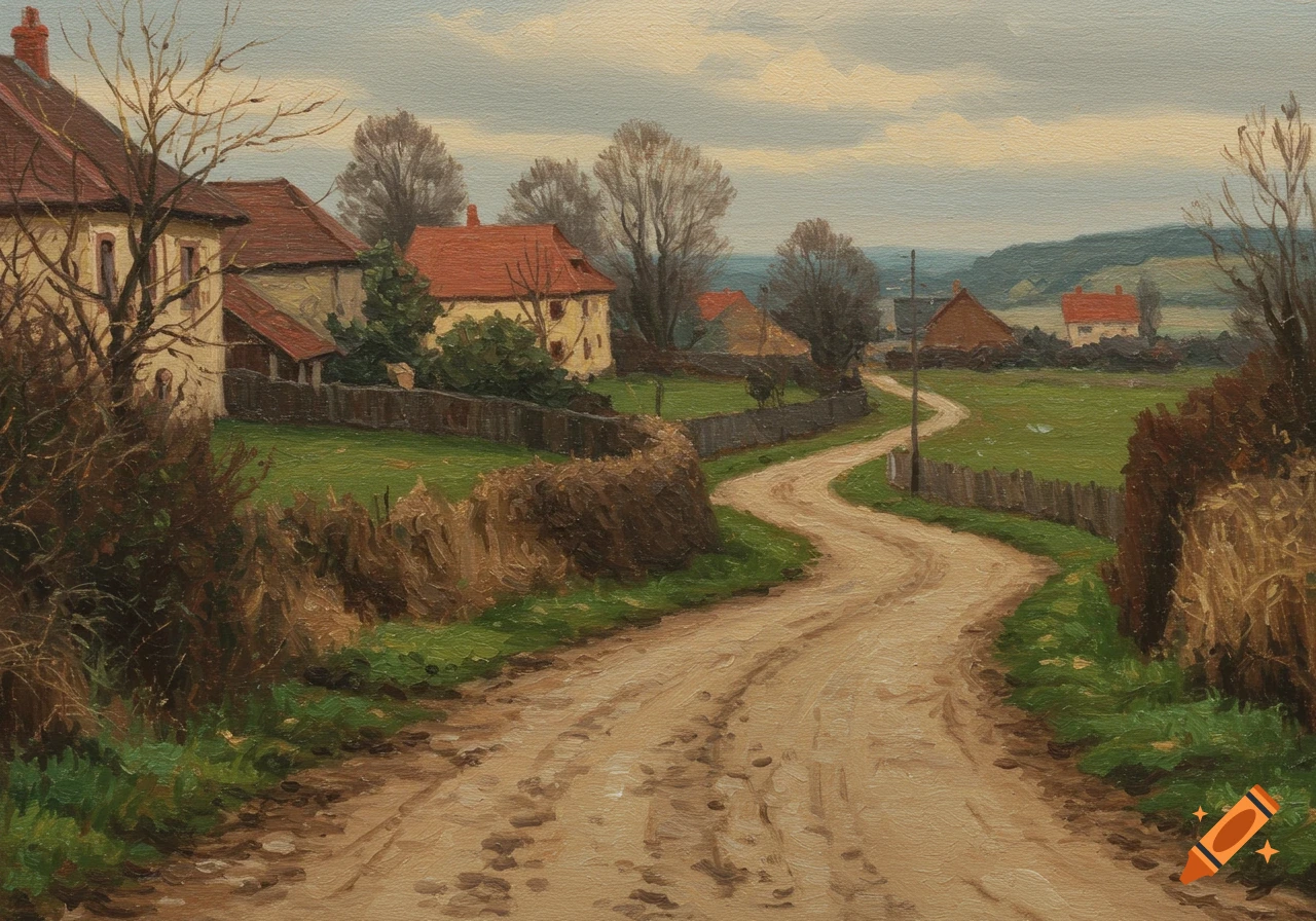 Oil painting of a winding dirt road through a village with houses, dry grass, and trees under a cloudy sky.