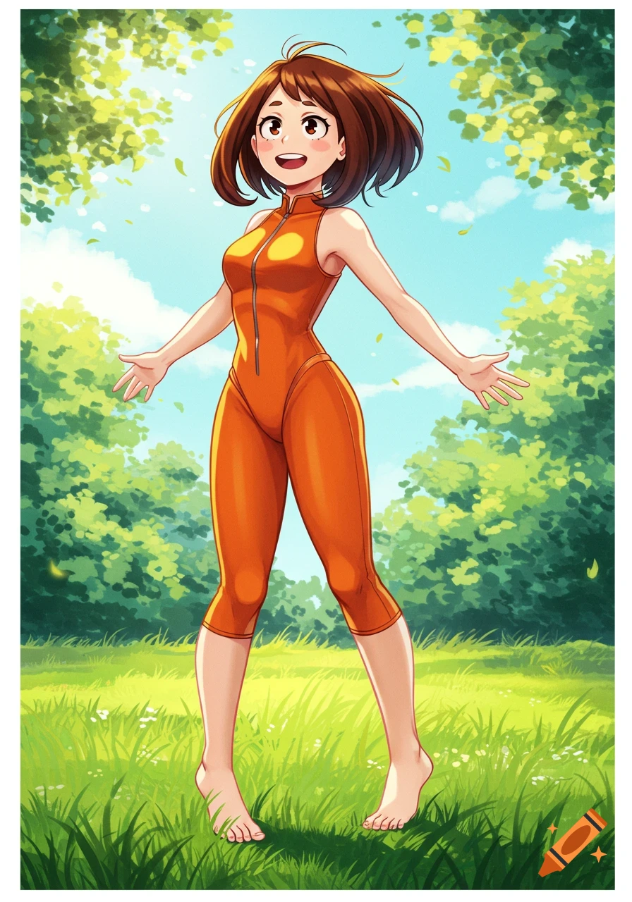 Anime character Ochaco Uraraka in an orange suit standing barefoot in a sunny grassy field.