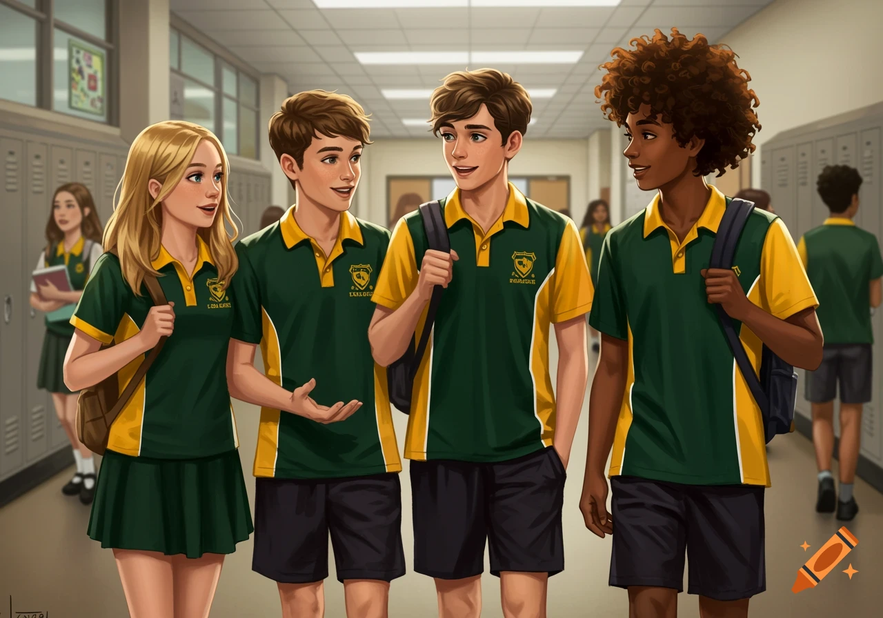 Four teenagers in green and yellow school uniforms talk in a hallway with lockers. Illustration.