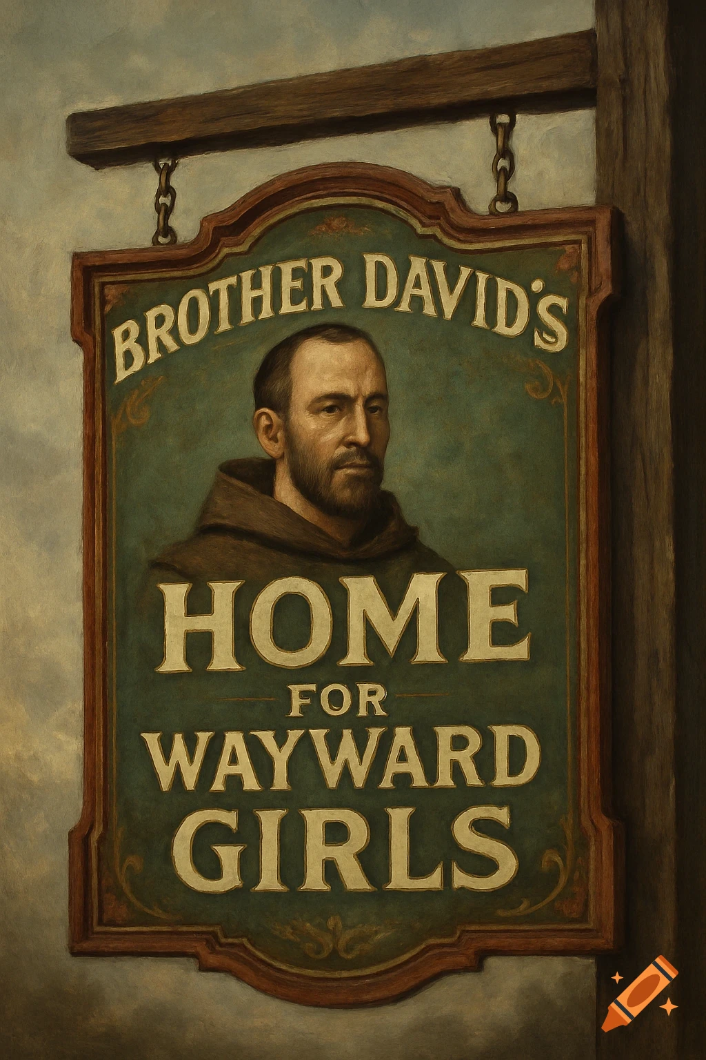 Painting of a sign for Brother David's Home for Wayward Girls with a portrait of a man.