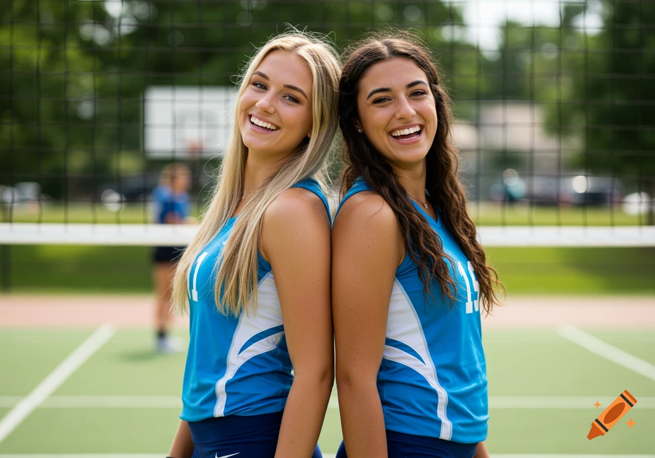 Photorealistic image of two young women in volleyball uniforms smiling on a court.