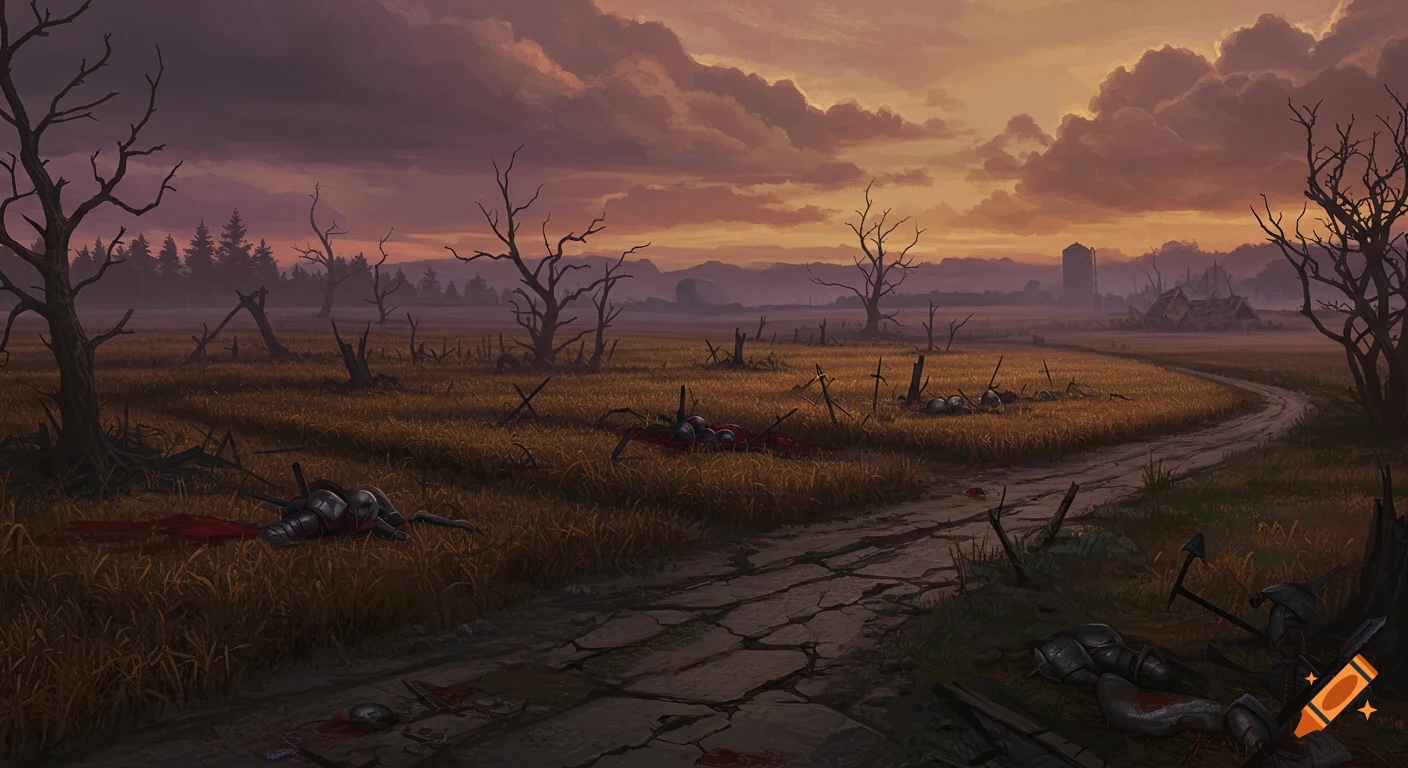 A grim fantasy battlefield with scattered bodies, weapons, and blood on blighted ground under a dramatic sky.