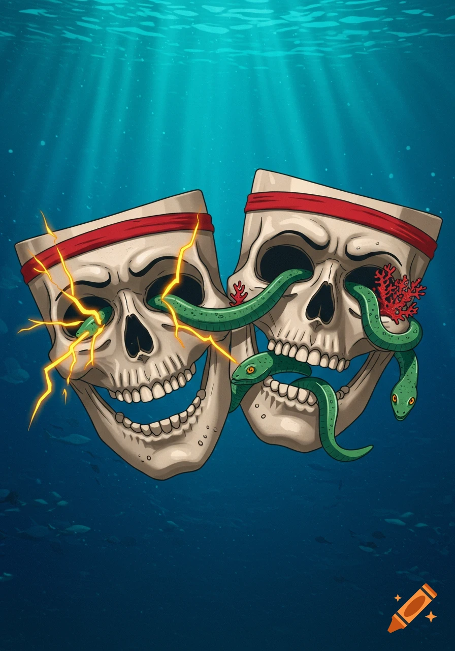 Two theatrical skulls underwater, one smiling with an electric eel from its eye, the other with a coral snake. Both wear red headbands.