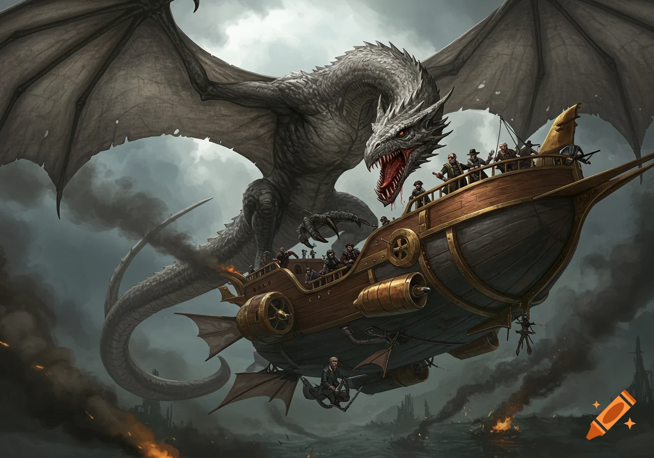 A large grey dragon attacks a steampunk airship filled with people high in the stormy sky.