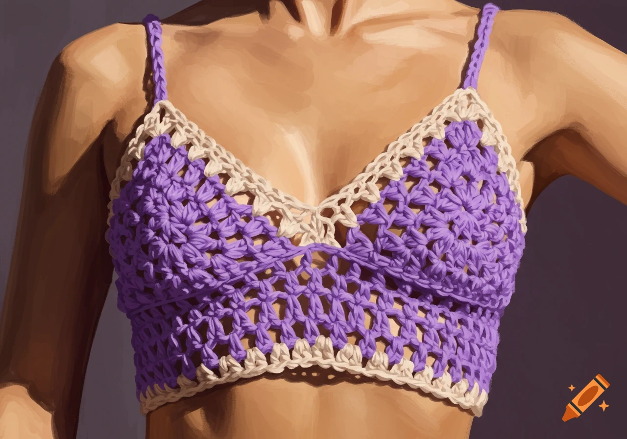 Close up of a person wearing a purple and beige crochet crop top in a digital painting style.