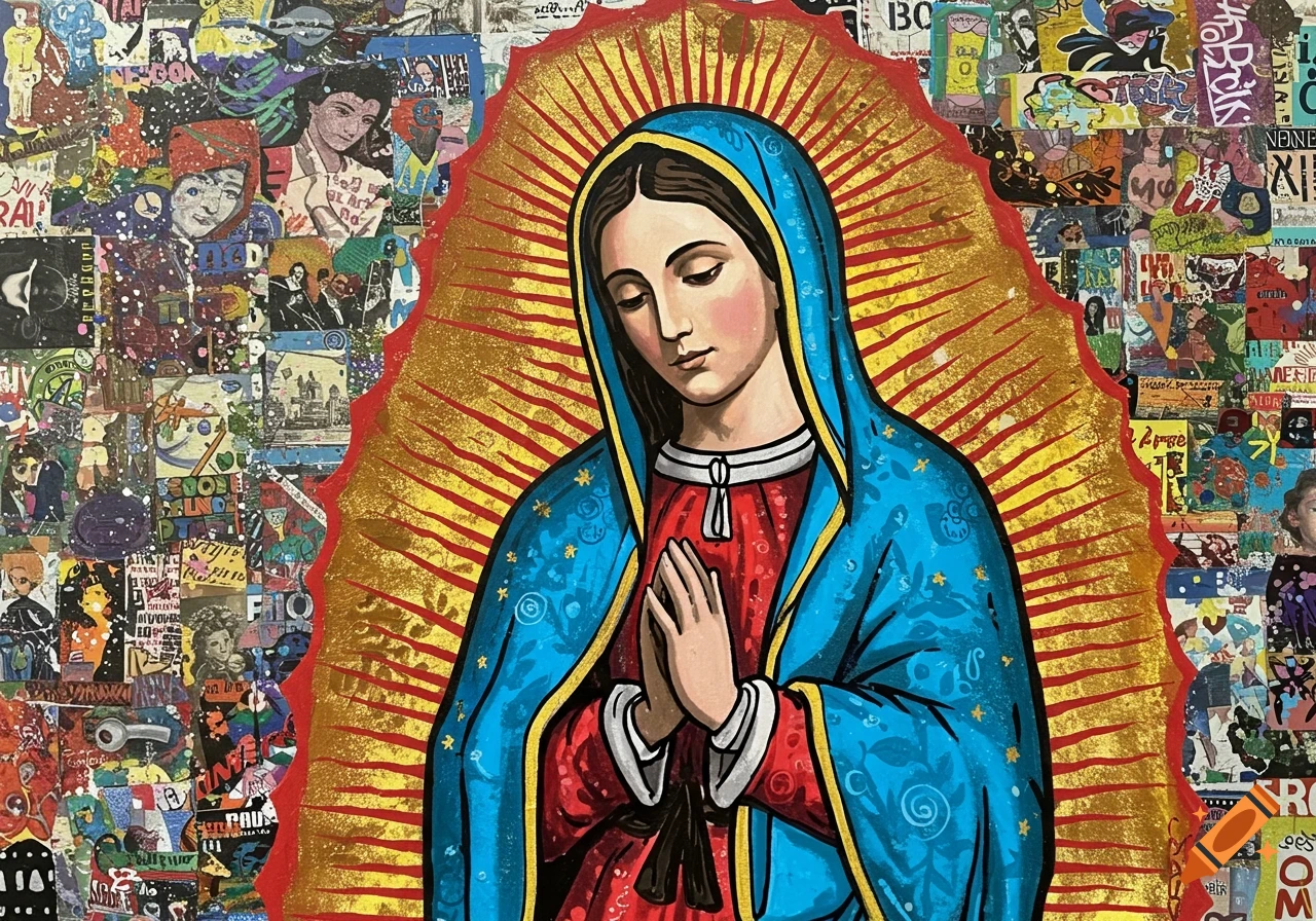 Virgin Mary figure in pop art collage style with gold halo