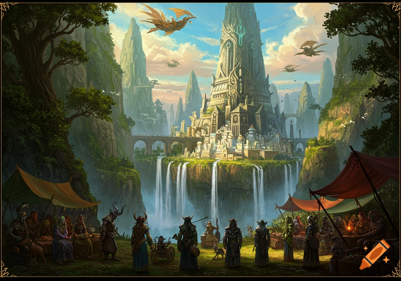 A fantasy city built on a cliff overlooking waterfalls, with airships flying overhead and market tents below.