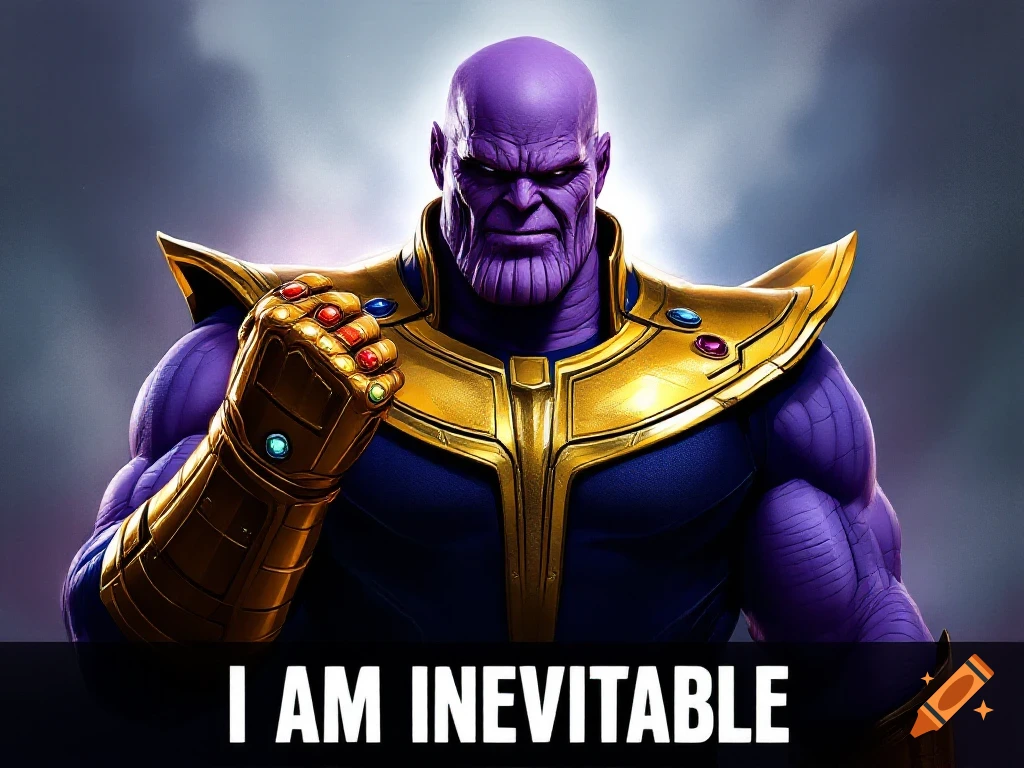Thanos with the Infinity Gauntlet clenching his fist, with the text I AM INEVITABLE below in a digital art style.