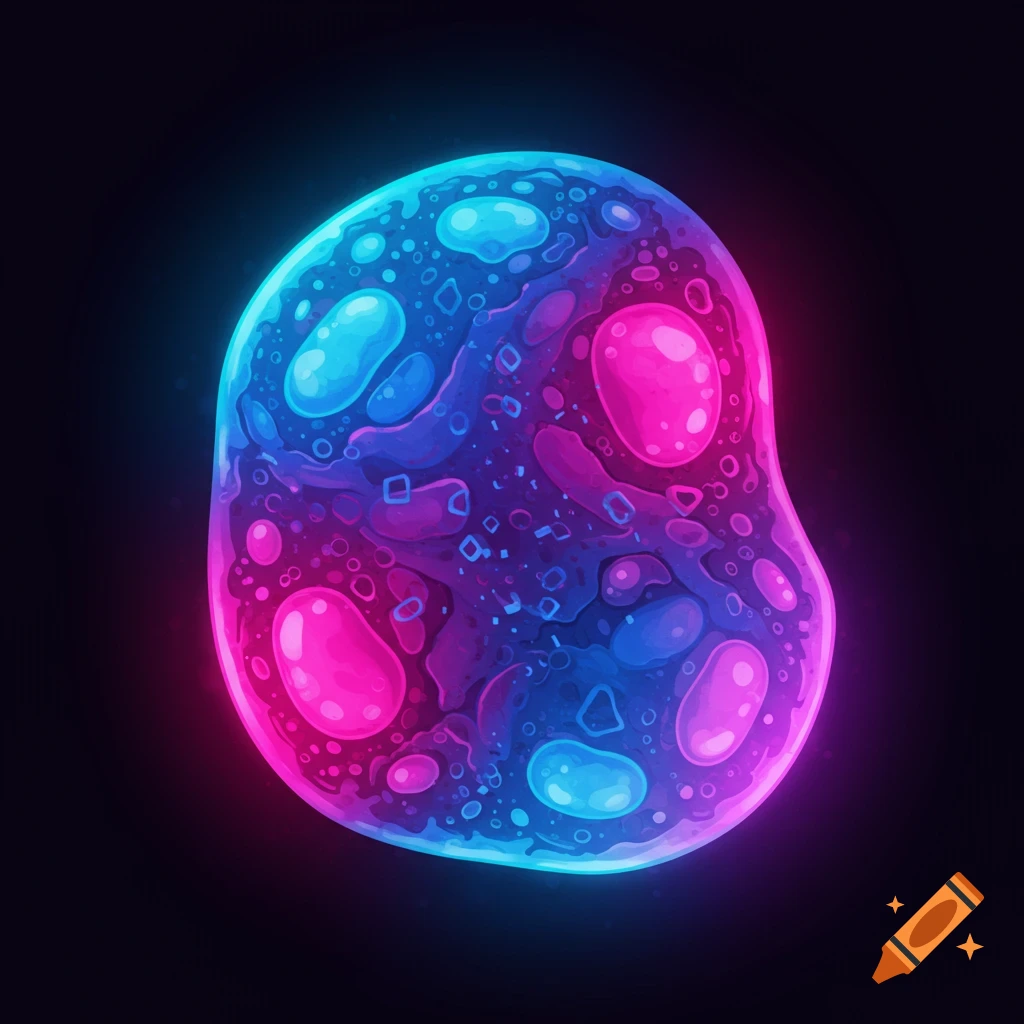 An abstract, colorful cell-like shape with bright pink and blue sections.