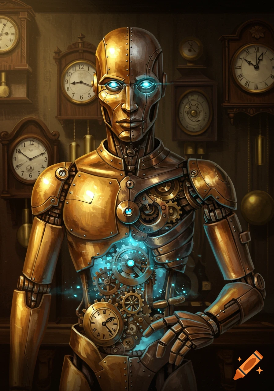 Steampunk robot with glowing eyes and visible clockwork standing among antique clocks.