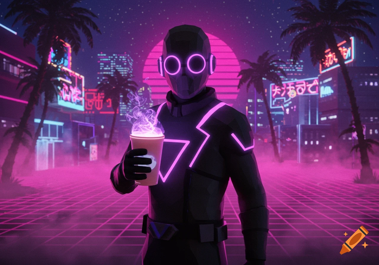 A low-poly figure in a black suit with neon pink accents holds a steaming cup in a cyberpunk city scene with palm trees and neon signs.