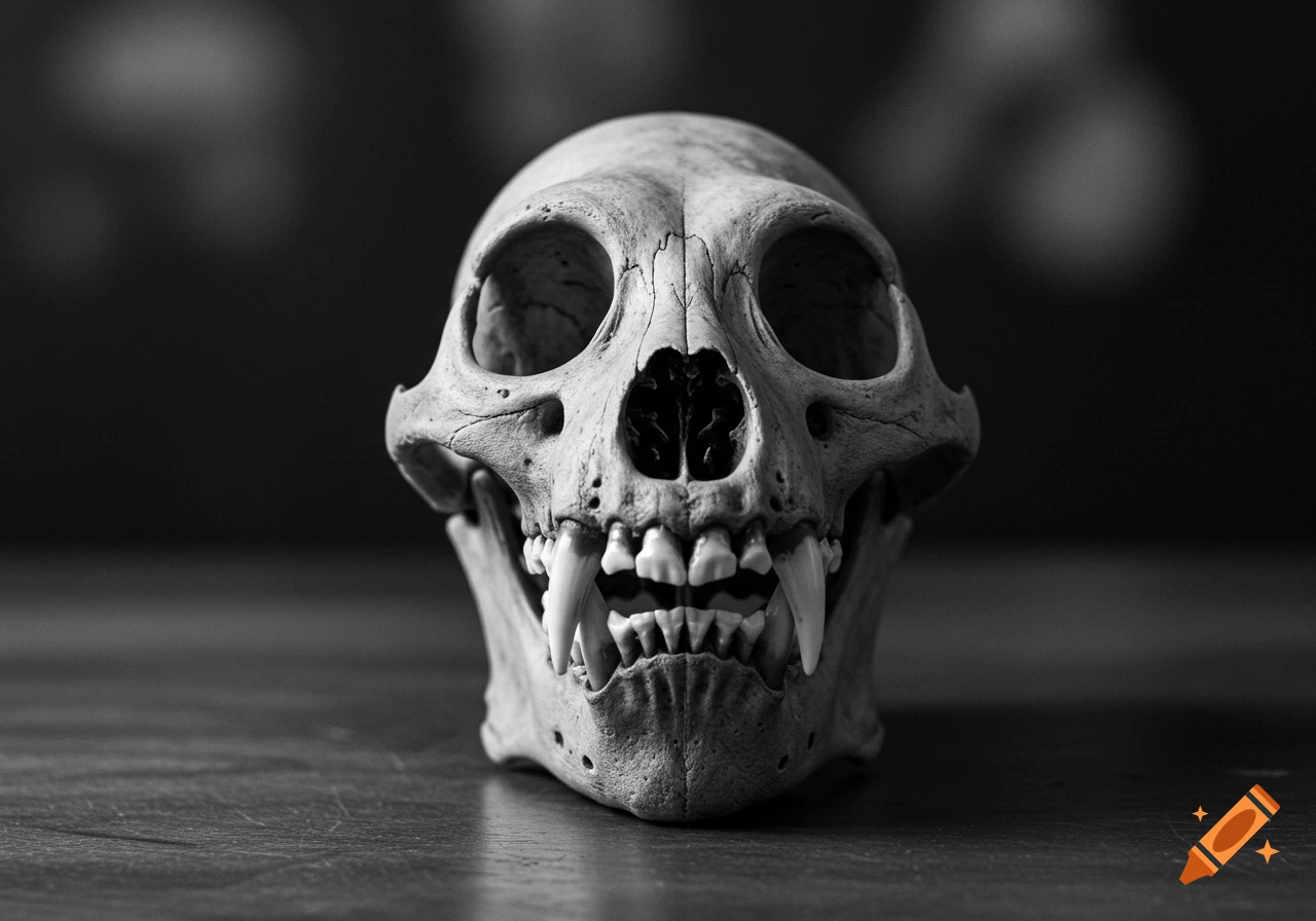 Close-up black and white photo of a howler monkey skull.