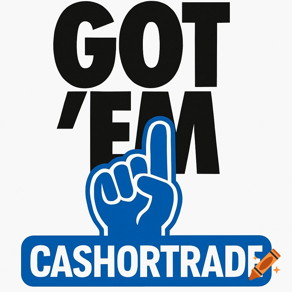 Black text reads "GOT 'EM" above a blue and white logo that reads "CASHORTRADE" with a blue foam finger pointing upwards.