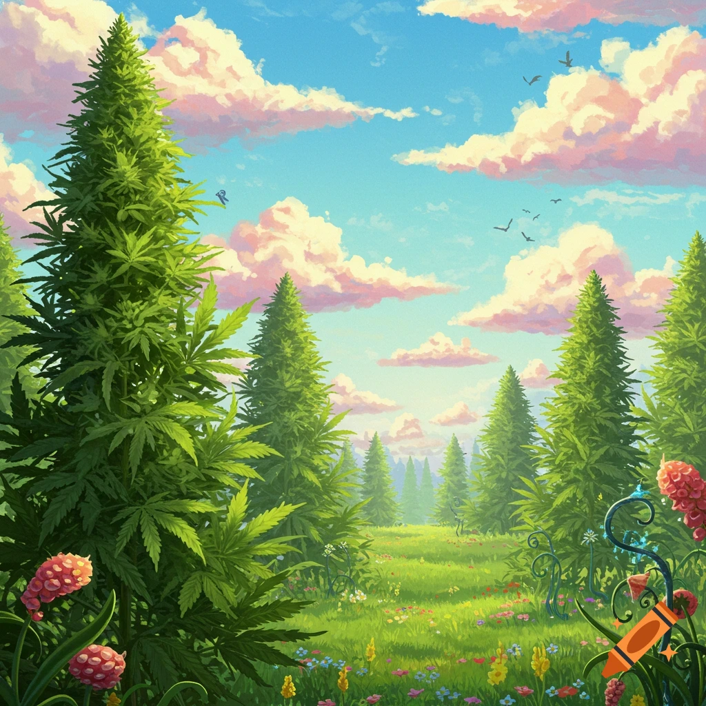 An illustrative landscape featuring prominent cannabis plants, other trees, wildflowers, fluffy clouds, and birds in a bright meadow.