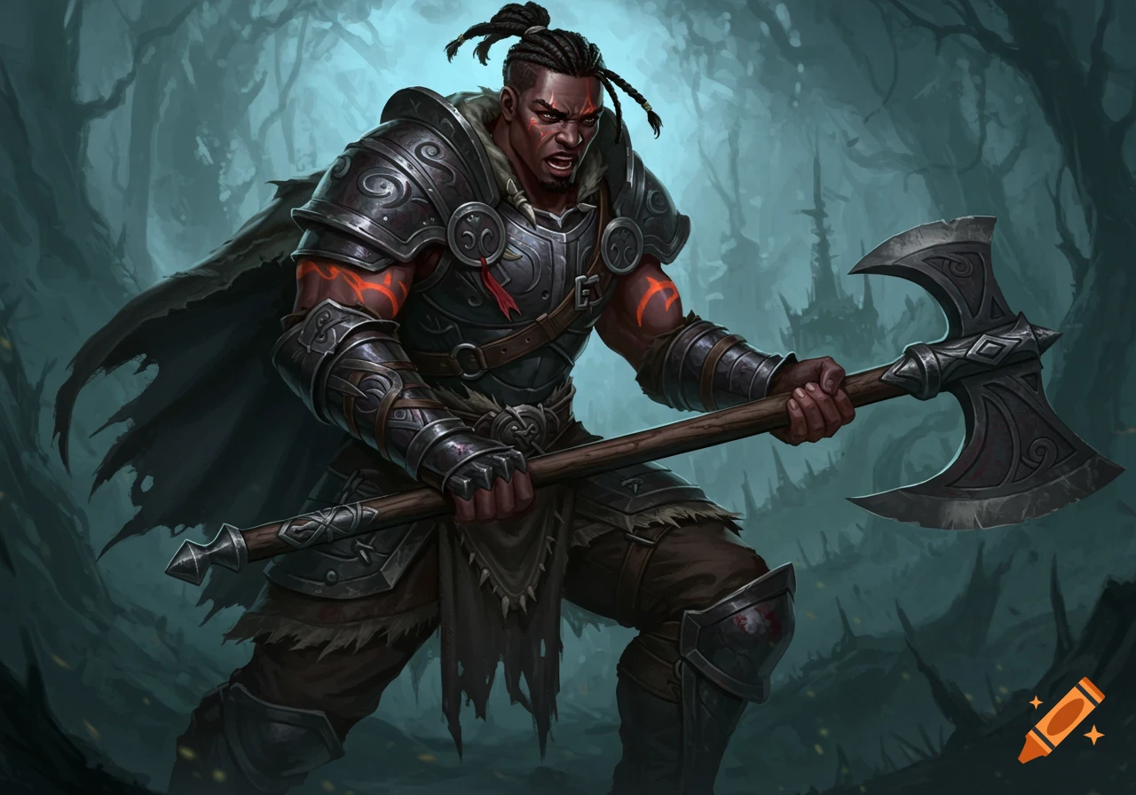A dark-skinned male fantasy warrior in elaborate armor holds a double-bladed axe in a dark forest.