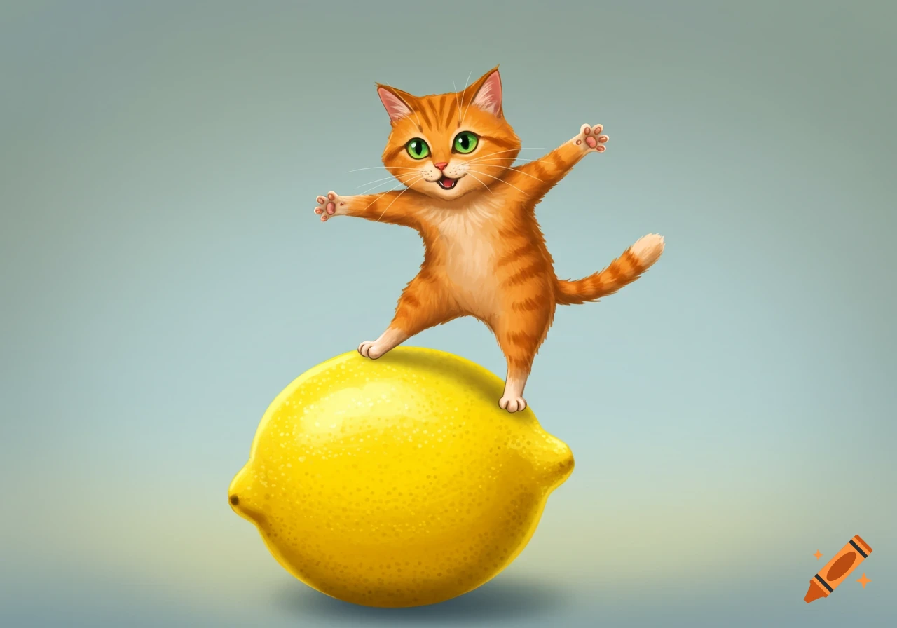 Cartoon cat balancing on a large lemon