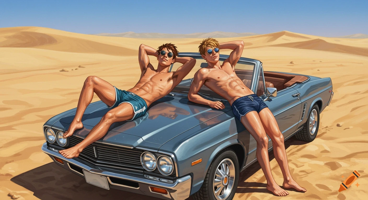 Illustration of two men sunbathing on a convertible car in a desert.