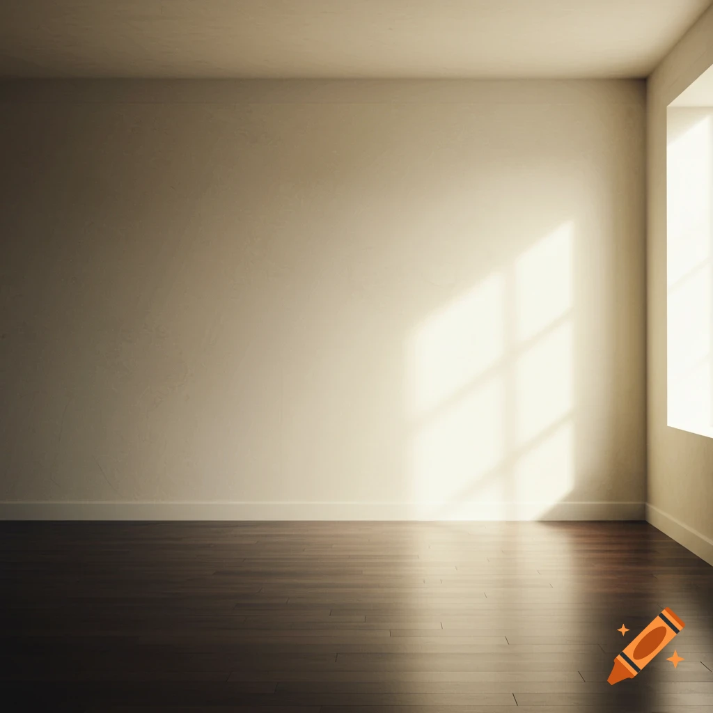 An empty room with wooden floors and a window casting a grid shadow on the wall and floor.
