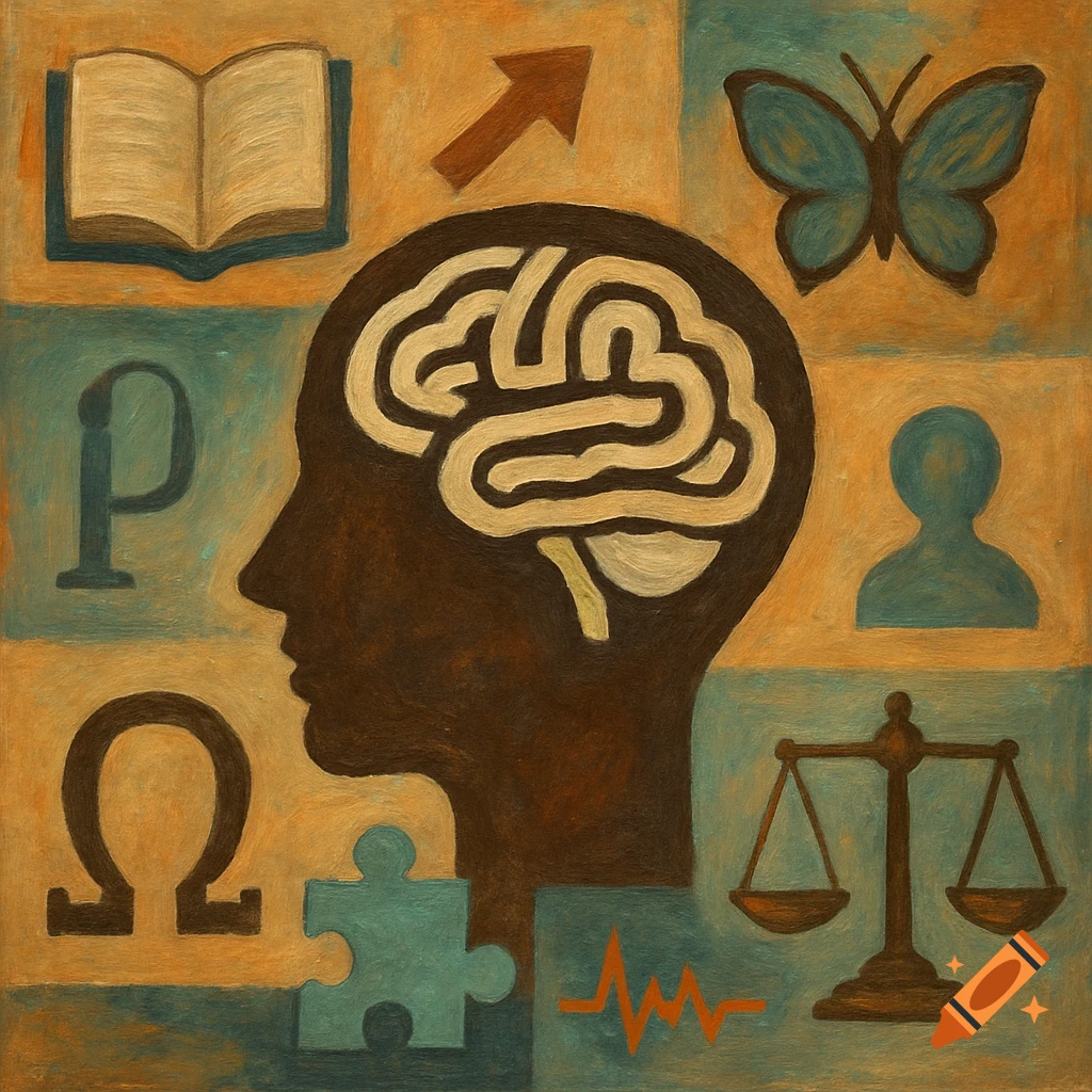 Symbolic grid illustration of psychology concepts around a silhouetted head and brain.