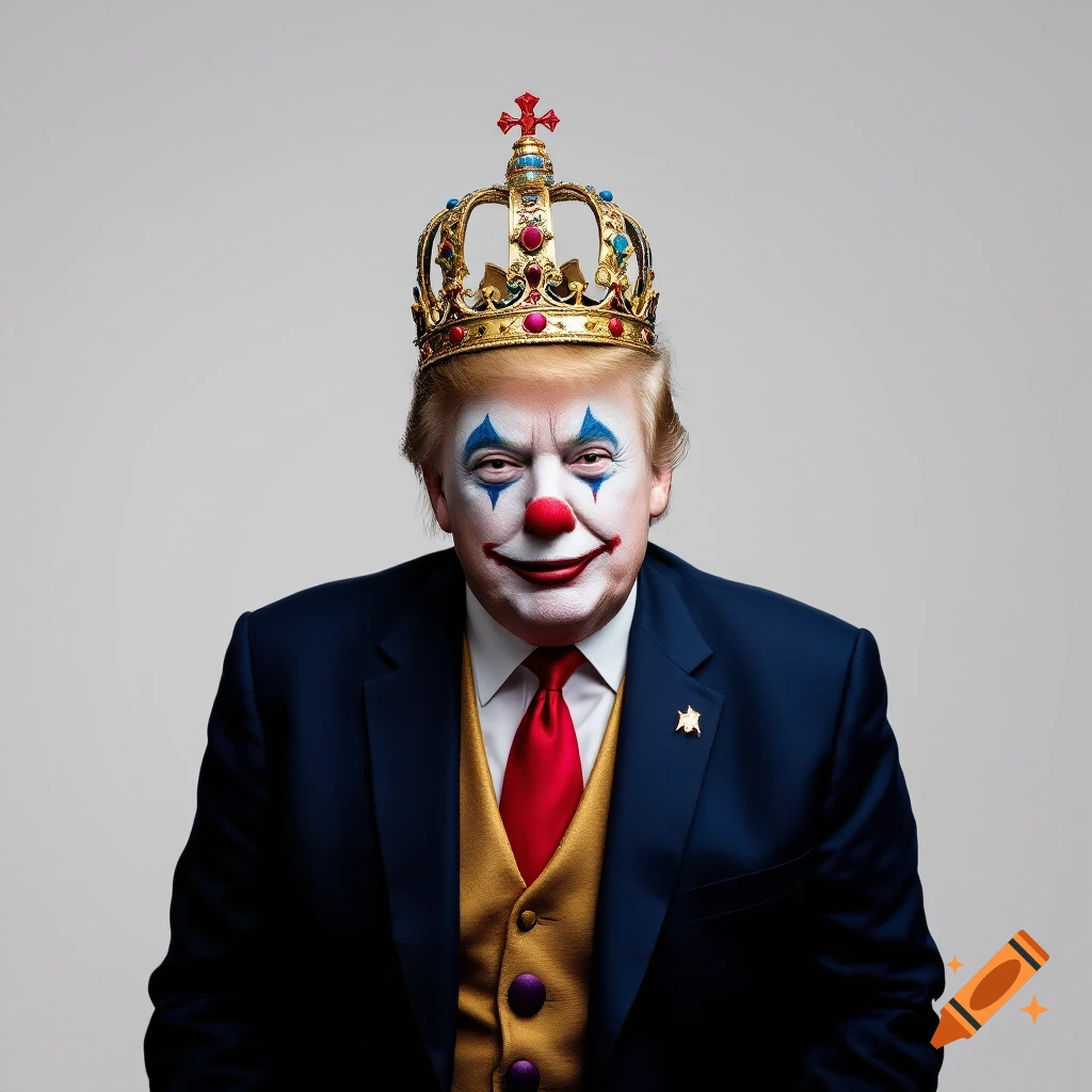 Portrait of Donald Trump in clown makeup and a crown wearing a suit and vest.