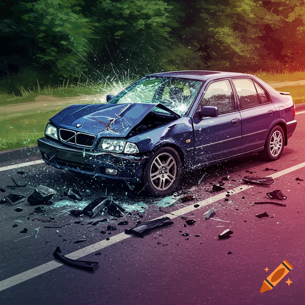 A damaged blue car on the road after an accident, with shattered glass and debris scattered around, rendered in an illustrative style.