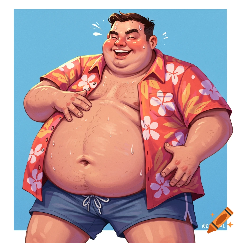 Illustration of a laughing, sweating large man in a Hawaiian shirt and shorts holding his belly.