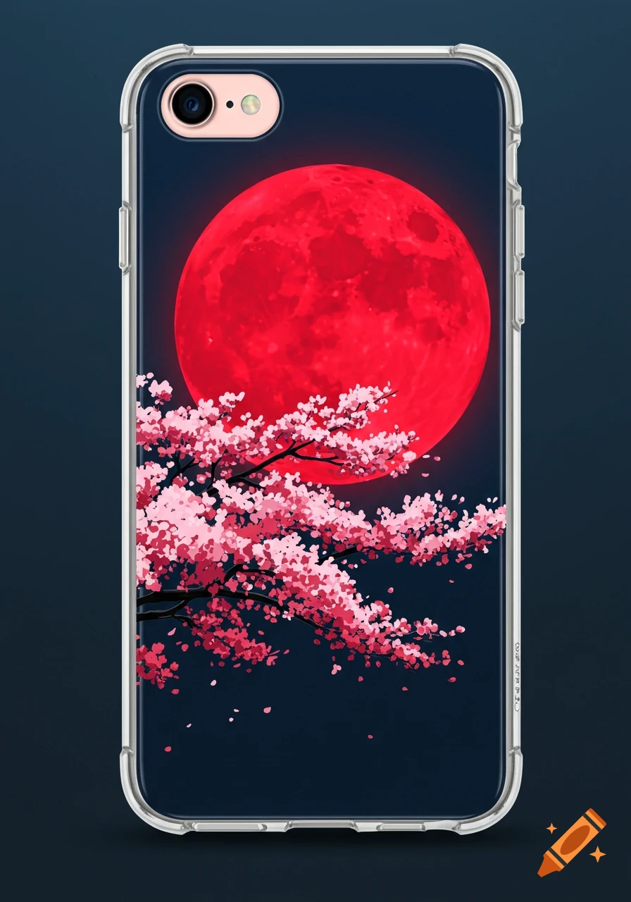 Phone case design featuring a large red moon and pink cherry blossoms against a dark background.