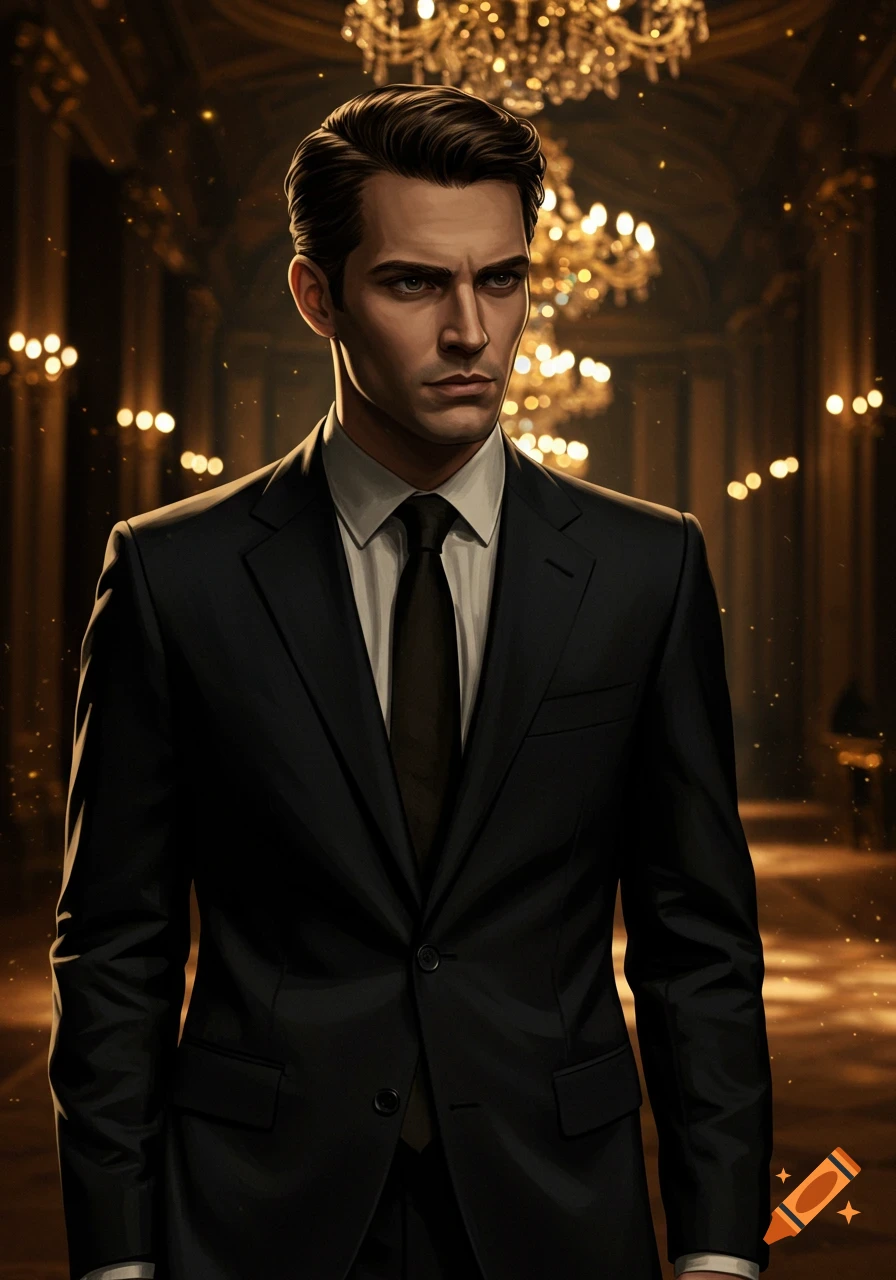 A man in a black suit stands in a grand hall with chandeliers.
