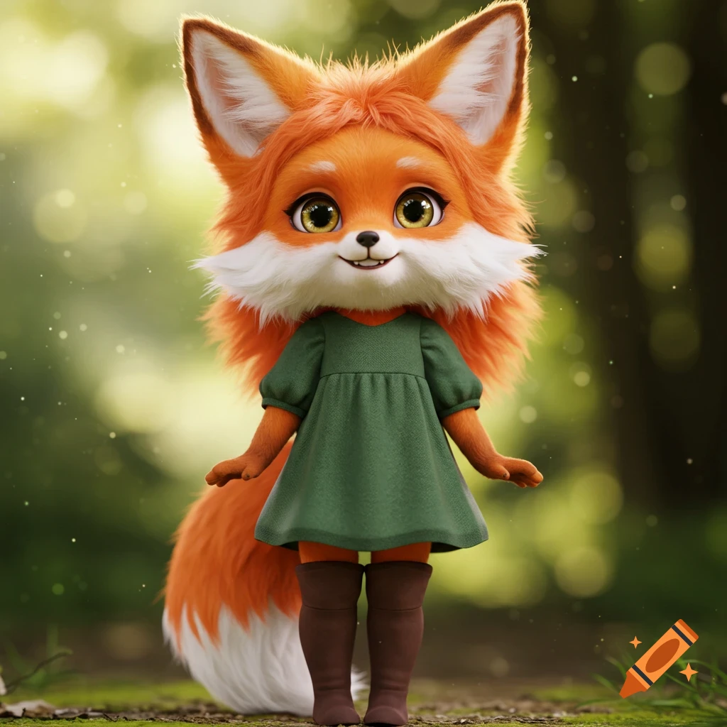 A cute anthropomorphic fox character wearing a green dress and boots stands in a forest.