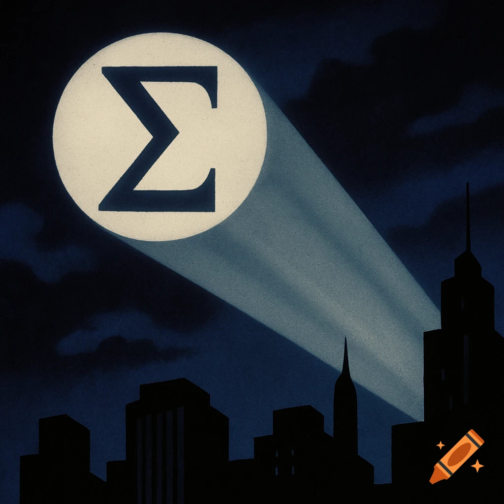 Spotlight projects the Greek letter Sigma onto the night sky above a city skyline in animated style.