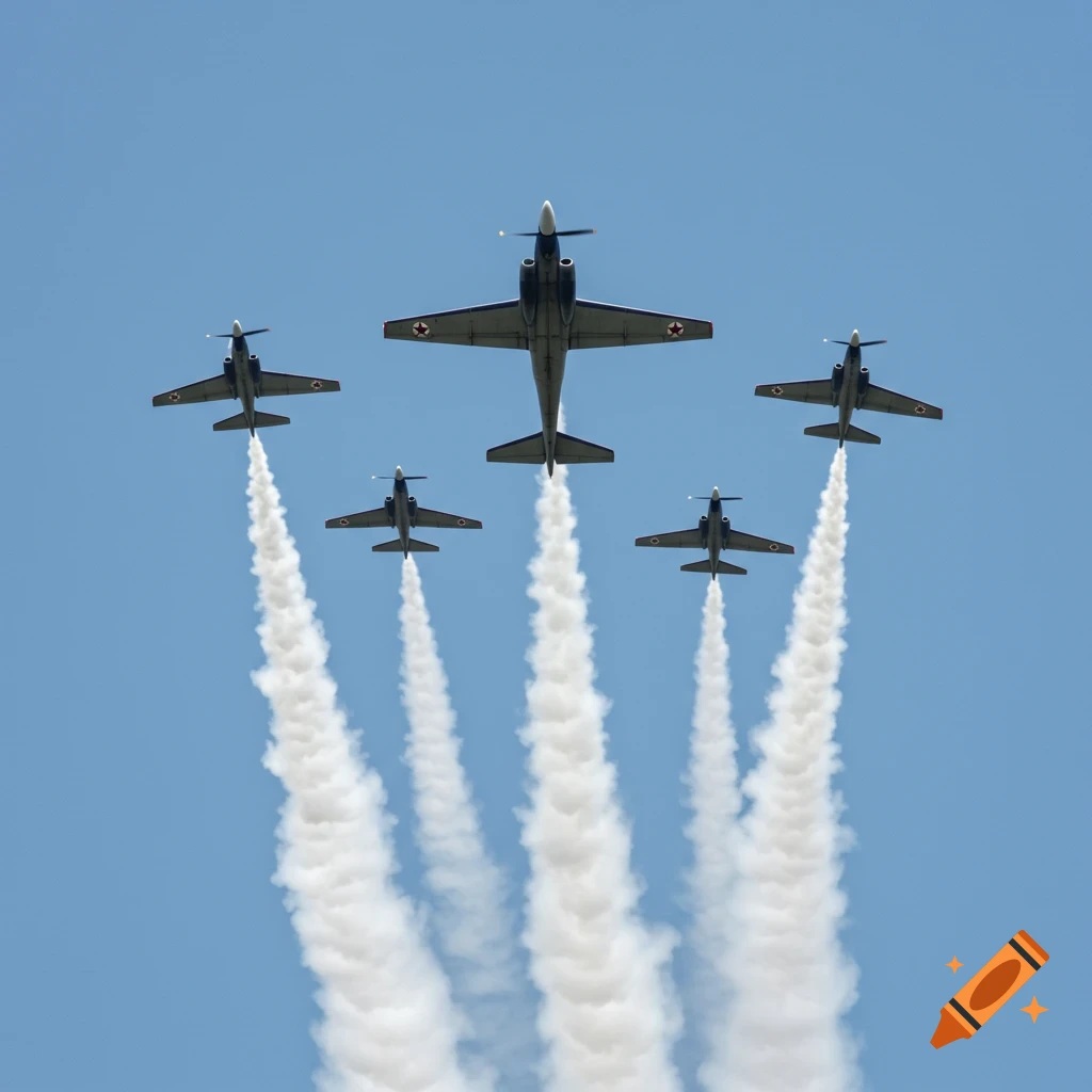 Five airplanes in formation fly overhead, leaving white smoke trails against a blue sky.