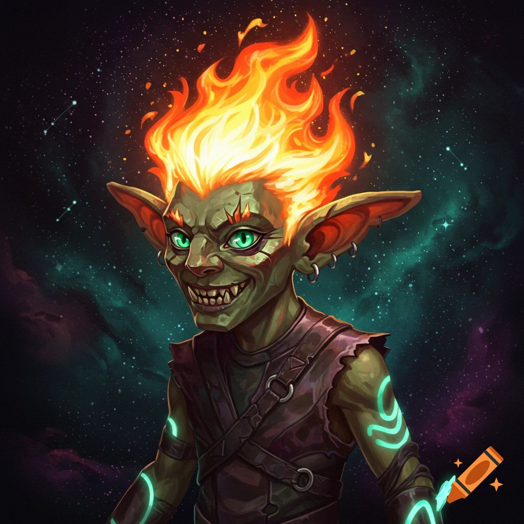 An illustrative portrait of a green-skinned goblin character with fiery hair, glowing eyes, and a starry space background.