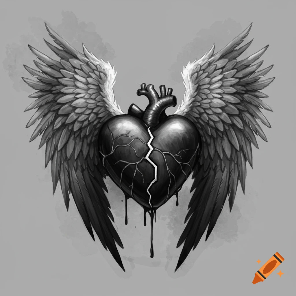 Black and white illustration of a cracked heart with wings dripping liquid.