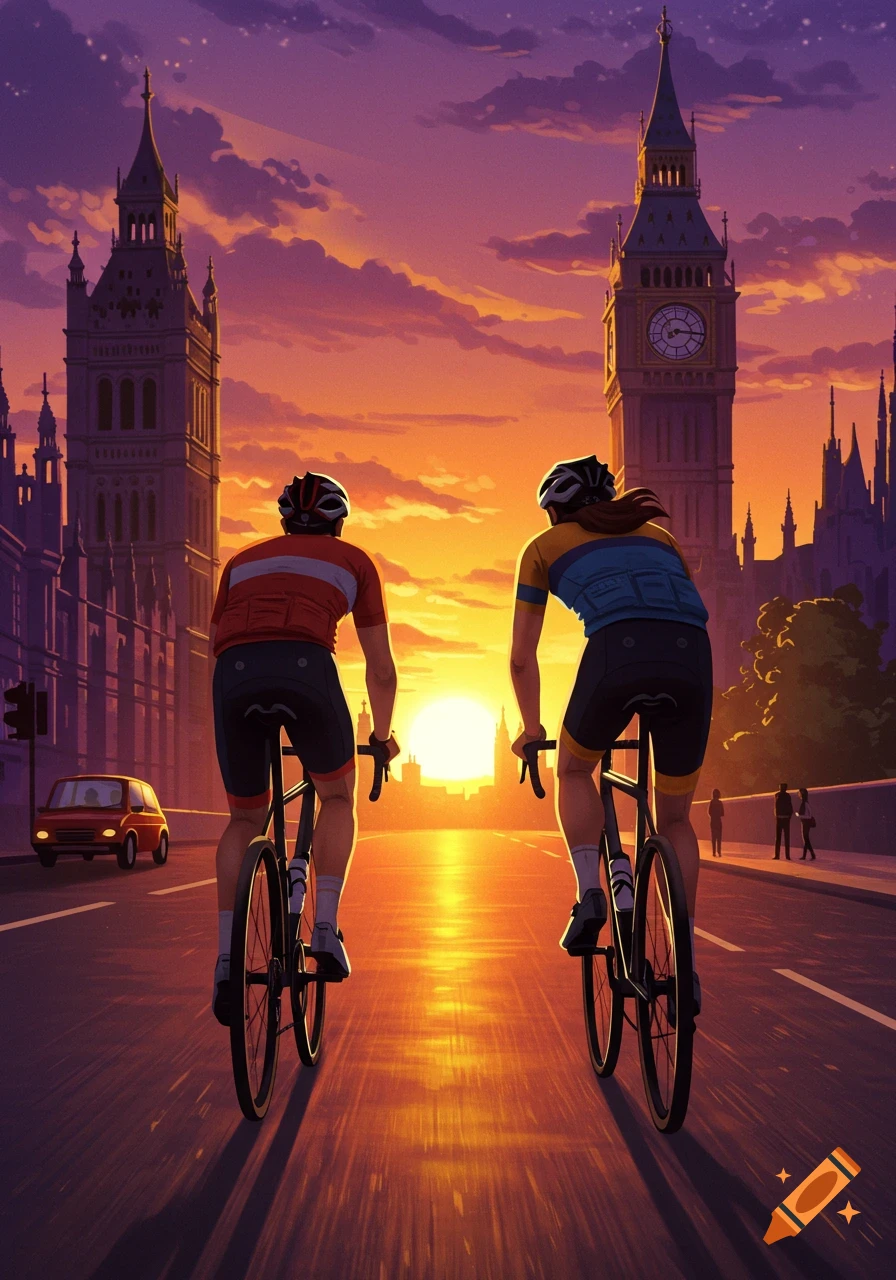 Illustration of two cyclists riding towards a bright sunset in London, with Big Ben and other buildings visible in the background.