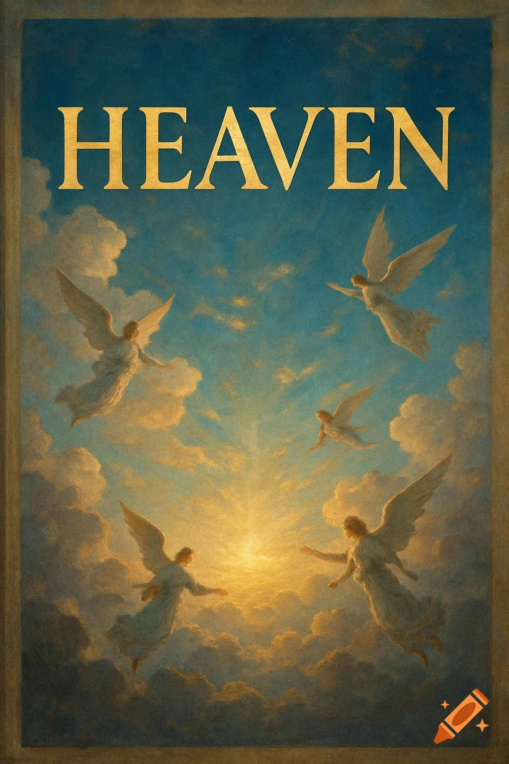 Golden text "HEAVEN" over angels flying in a bright cloudy sky, painting style.