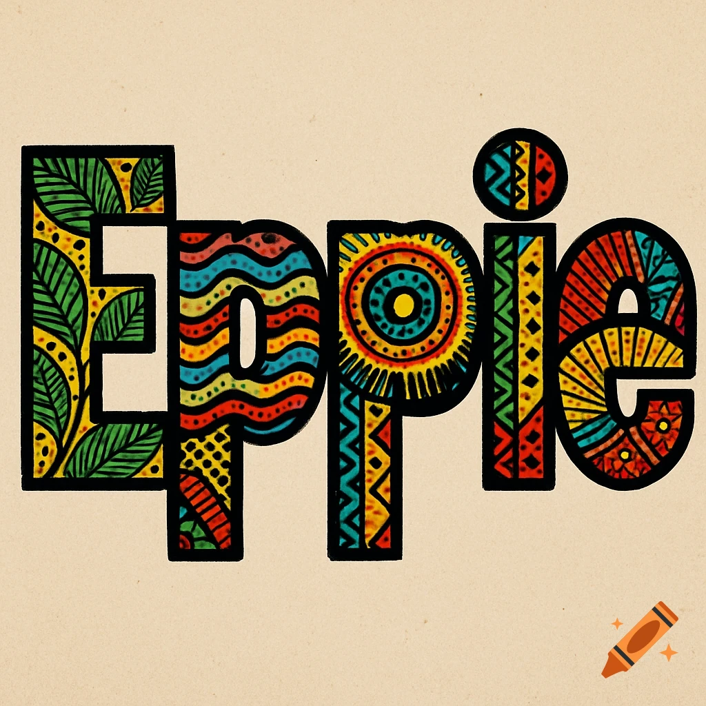 The word Eppie in block letters filled with colorful African-inspired patterns.