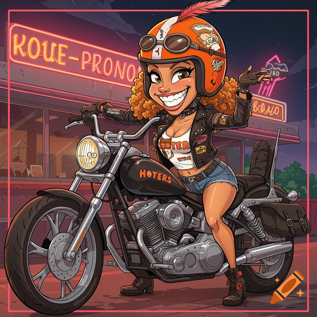 Cartoon biker woman in Hooters-style outfit sitting on a motorcycle